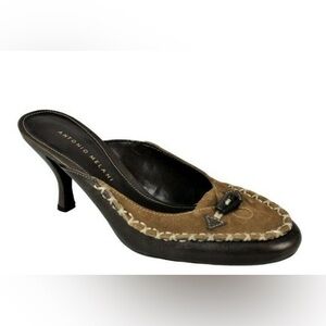 Antonio Melani Brown Tan Suede Moccasin Slide Kitten Heels Size 7.5M Boho Mules